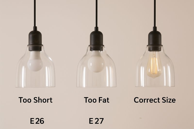 An image of three identical glass pendant lights hanging in a row. The first has a bulb that is too short, hiding inside the fixture. The second has a bulb that is too fat and sticks out awkwardly. The third has a perfectly sized bulb that is centered beautifully.