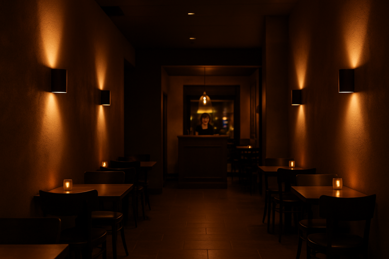 Using Light to Guide the Way A view from a restaurant entrance. A clear, slightly brighter pathway of light, created by upward-facing wall sconces, leads the eye directly to a brightly and warmly lit host stand. Other areas, like seating, are more dimly lit.