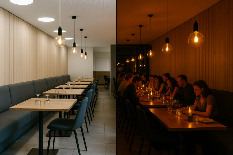 Atmosphere is Everything: The Power of Warm Lighting A stunning split image. Left side shows a beautiful restaurant interior under bright, cool office lighting, looking sterile and empty. Right side shows the exact same space transformed with warm, layered filament bulb lighting, now looking cozy, full of happy customers, and incredibly inviting.