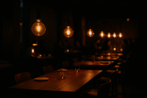An image looking across a dimly lit restaurant dining room. Each table is illuminated by its own low-hanging pendant light with a glowing filament bulb, creating beautiful, isolated circles of warmth in the larger, darker space