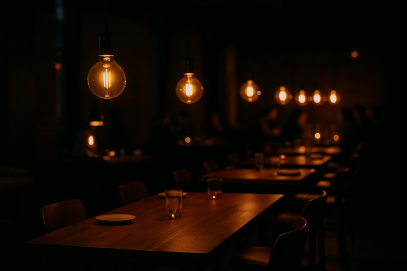 An image looking across a dimly lit restaurant dining room. Each table is illuminated by its own low-hanging pendant light with a glowing filament bulb, creating beautiful, isolated circles of warmth in the larger, darker space