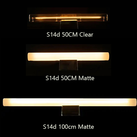 S14d LED linear filament bulbs in 50cm clear, 50cm matte, and 100cm matte versions, offering warm uniform illumination for decorative and architectural lighting