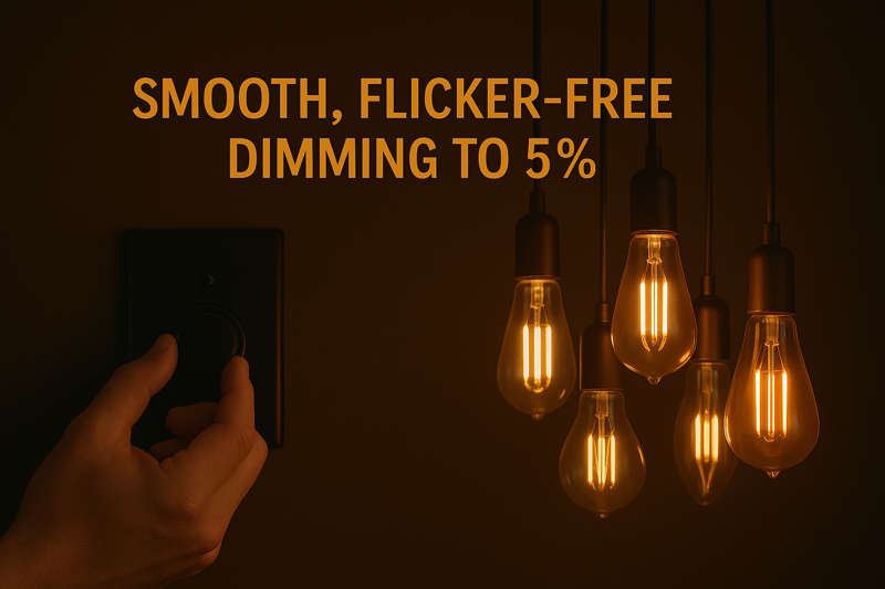 An animated GIF showing a hand turning a dimmer knob. As it turns, a cluster of vintage filament bulbs dim smoothly from 100% down to a very low, stable 5% glow, with no visible flicker or steps. Text overlay says "Smooth, Flicker-Free Dimming to 5%."
