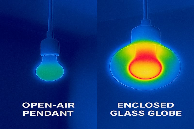 A thermal camera image shows two light fixtures. One is an open-air pendant, and the bulb and base are a cool blue/green color. The other is a sealed glass globe fixture, where the bulb's base is glowing bright red/yellow, indicating extreme heat buildup.