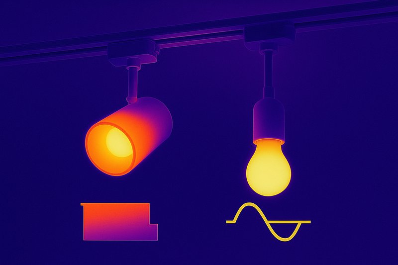 A thermal camera image showing two track heads on a track. One is a sealed, canister-style head, glowing bright red and yellow, indicating intense heat. The other is an open, minimalist "pendant drop" style, and the bulb's base is a much cooler blue and green.