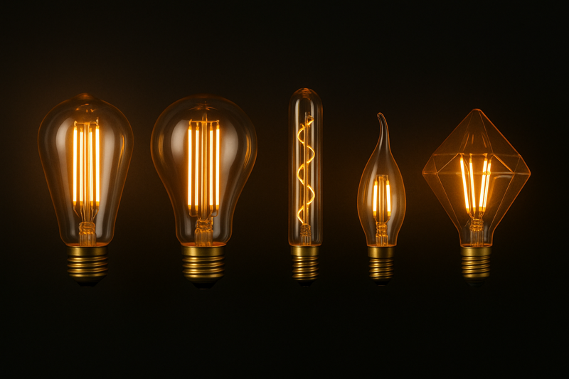 A beautiful lineup of various vintage bulb shapes against a dark background: a classic ST64 teardrop, a large G125 globe, a long T30 tube, a C35 candle, and a diamond-shaped G95. Each one has a distinct personality.
