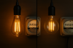 A split image showing two identical vintage-style fixtures. The left bulb is a glowing incandescent Edison bulb with a spinning electricity meter beside it. The right is an LED filament bulb with a nearly static meter, looking identical but cool and efficient