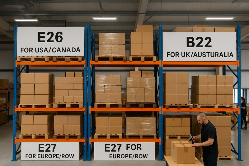 A photograph of a clean, organized warehouse. There are three distinct pallet racks. One has a large, clear sign that says "E26 - FOR USA/CANADA." The next says "E27 - FOR EUROPE/ROW." The third says "B22 - FOR UK/AUSTRALIA." Staff are seen scanning boxes before shipping.