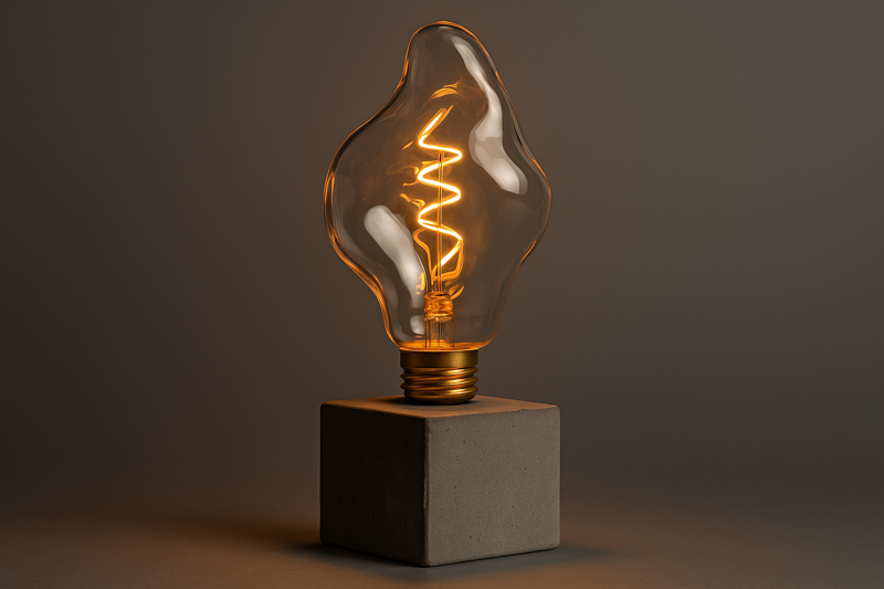 A studio shot of a "Alien Shape" organic glass bulb. It is an irregular, melted shape. It sits on a simple, heavy cube of grey concrete. There is no shade. The bulb is the sculpture.