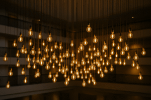 A massive art installation in a hotel atrium. Hundreds of clear glass LED filament bulbs hang at different heights from the ceiling, forming a wave-like shape. The light is a warm, golden 2200K