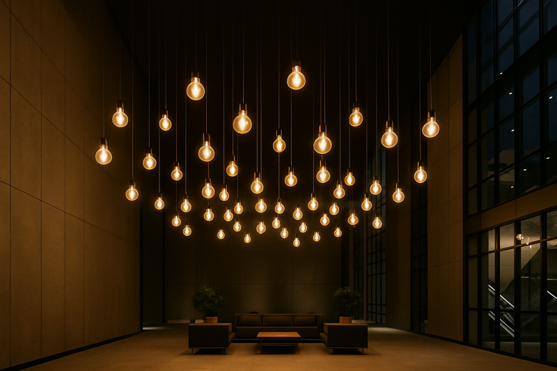 An image looking up into a vast atrium with a dark ceiling. Dozens of large G125 globe LED filament bulbs are suspended at varying heights, creating a 'cloud' of light that forms a lower, intimate ceiling over a seating area below.