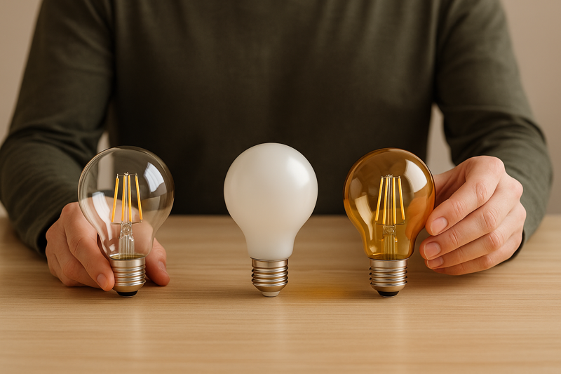 A close-up of a designer choosing between a clear, an frosted, and an amber-coated G95 LED filament bulb, illustrating the options available to control glare.