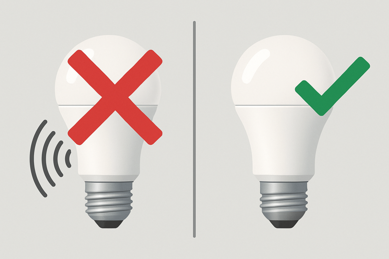 An image showing a soundwave icon coming from a buzzing LED bulb, with a large red 'X' through it. Next to it, a silent LED bulb with a green checkmark