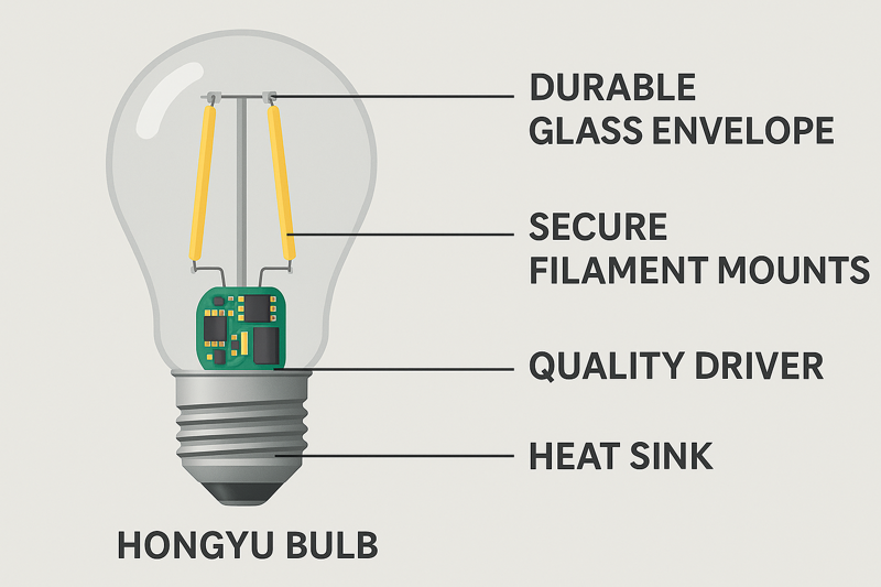 A graphic showing a teardown of a Hongyu Bulb LED filament bulb, with callouts pointing to the high-quality driver, the heat sink, the secure filament mounts, and the durable glass envelope.