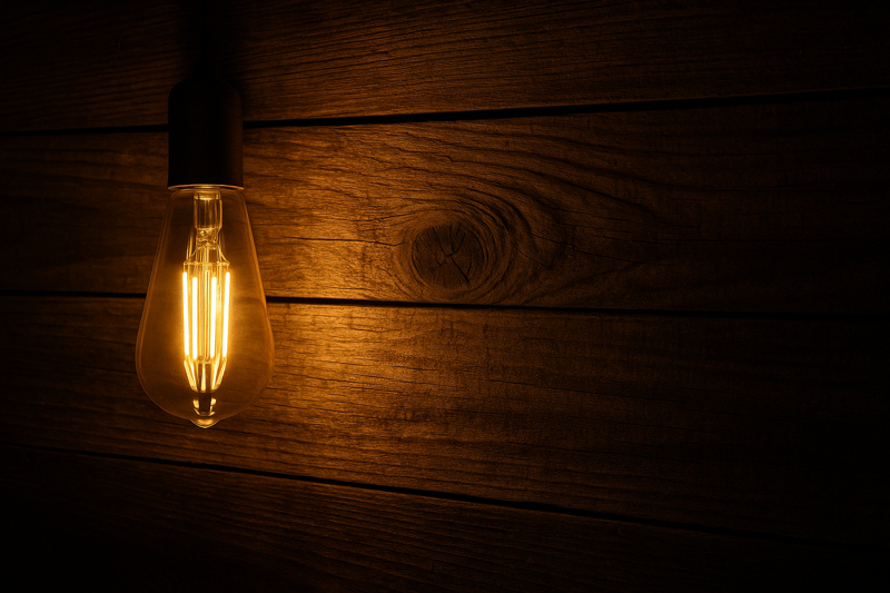 A close-up shot where an ST64 amber filament bulb casts a warm, grazing light across a reclaimed wood wall, highlighting the intricate grain, knots, and imperfections of the material.