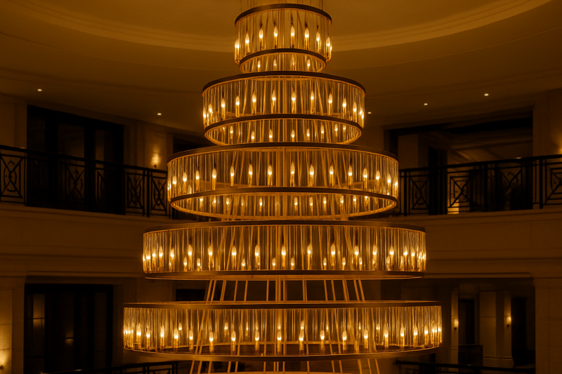 A luxurious hotel lobby featuring a massive, multi-tiered chandelier. The fixture is composed of hundreds of individual glass rods, each illuminated by a warm, spiraling LED filament candle bulb, creating a glittering, candle-lit effect