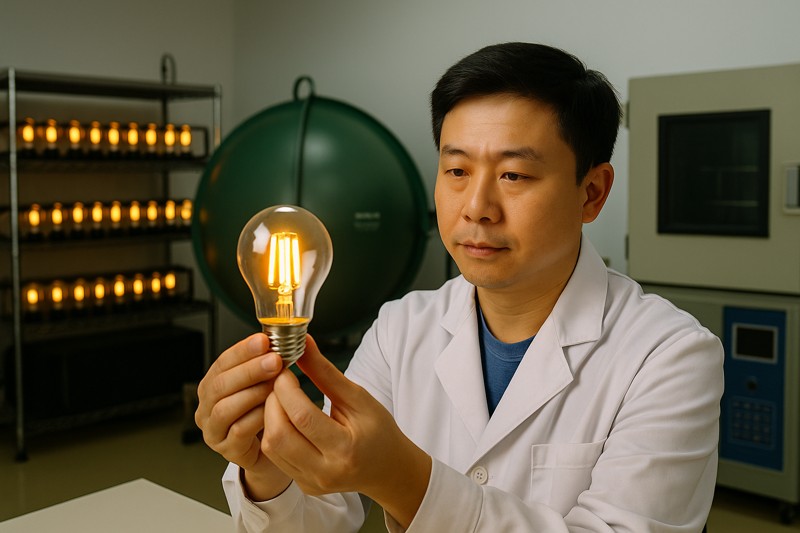 An image of a state-of-the-art lighting lab. In the foreground, a technician in a lab coat is inspecting a glowing LED bulb. In the background, there are integrating spheres, aging racks, and environmental chambers