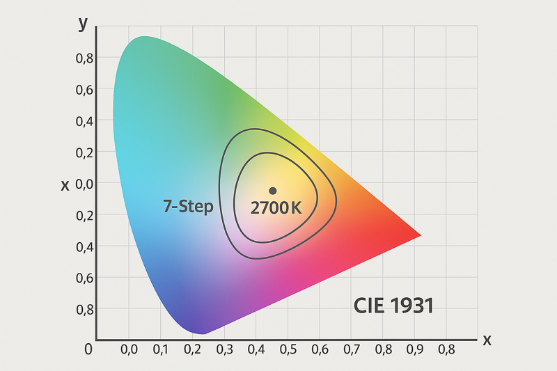 A diagram of the CIE 1931 color chart. A single point for 2700K is shown, with a small 3-step MacAdam ellipse drawn around it and a much larger 7-step ellipse outside of it.