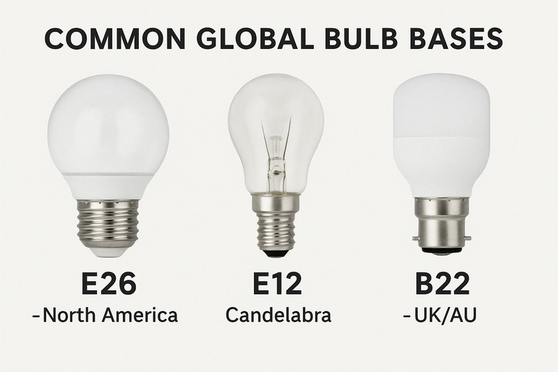 An image showing three different bulb bases side-by-side: the E26/E27 screw base, the E12 candelabra base, and the B22 bayonet base, each clearly labeled with its designation and primary region (e.g., "E26 - North America," "B22 - UK/AU").