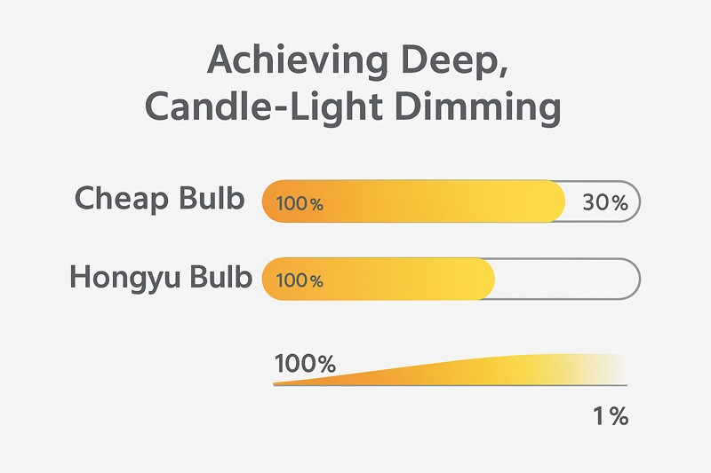 Achieving Deep, Candle-Light Dimming A visual slider showing two dimming ranges. The top one, "Cheap Bulb," goes from 100% to 30%, then shows an "OFF" symbol. The bottom one, "Hongyu Bulb," shows a smooth, full range from 100% down to 1%.