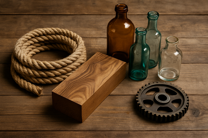 An inspiring shot of a workshop table filled with potential DIY materials: a coiled piece of thick rope, a block of interestingly-grained wood, a collection of unique glass bottles, and a geared metal object