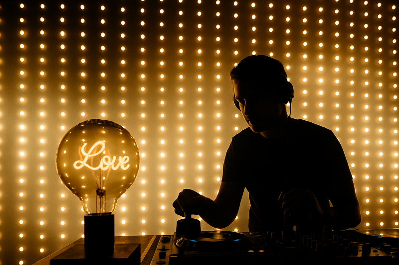 A dynamic photo of a DJ booth. Behind the DJ is a wall of pixelated light, but the "pixels" are actually individual G45 filament bulbs. They are lighting up in a wave pattern.