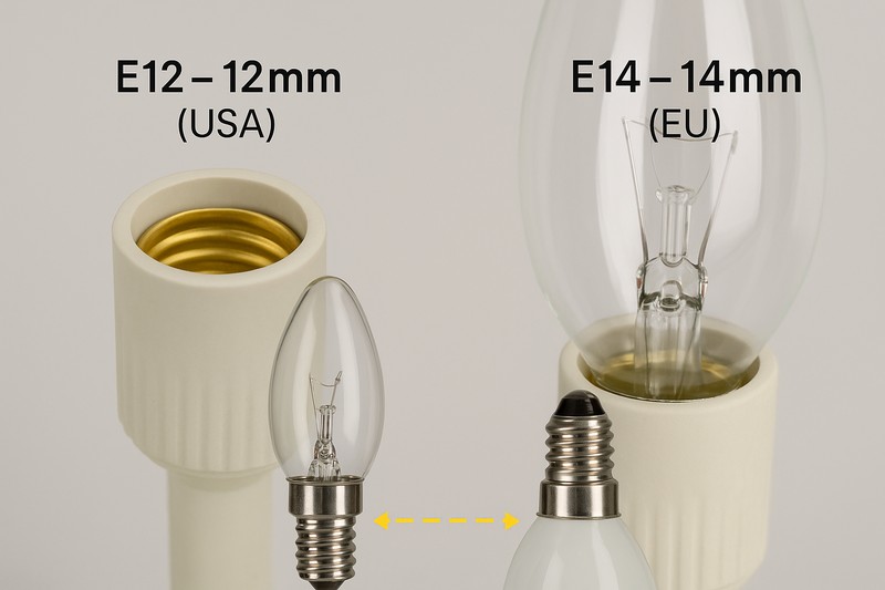 A close-up shot of two chandelier sockets. One is clearly labeled "E12 - 12mm (USA)" and the other "E14 - 14mm (EU)." Two corresponding bulbs are shown, with the 2mm difference in their screw base diameter made visually obvious.