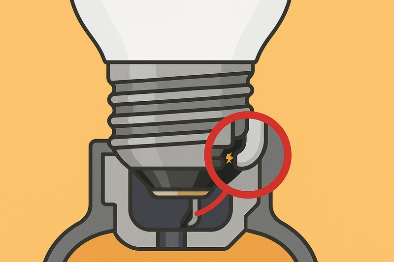 A close-up cutaway diagram showing an E26 bulb screwed into an E27 socket. A red warning circle highlights a visible gap between the bulb's central electrical contact and the socket's contact tab, with a small spark indicating an arc.