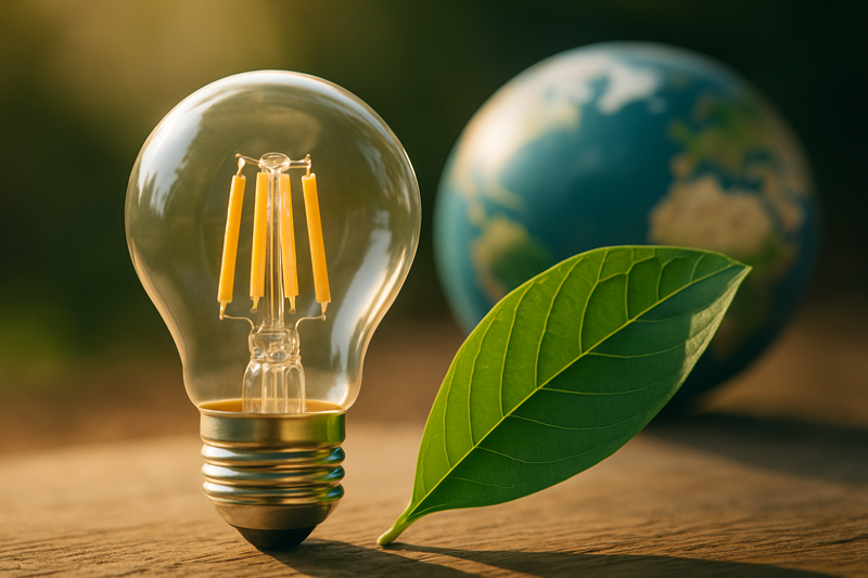 A beautiful image showing a clear glass LED filament bulb next to a lush green leaf, with the earth softly focused in the background, symbolizing the harmony between technology and nature