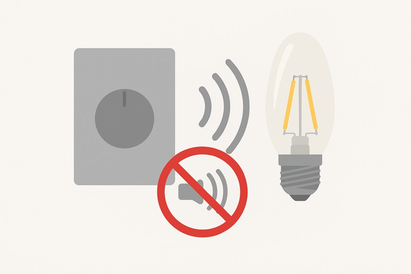 Eliminating Unwanted Dimming Noise An illustration showing a soundwave icon emanating from a dimmer switch and an LED bulb, with a "Do Not" symbol over it, indicating an unwanted sound.
