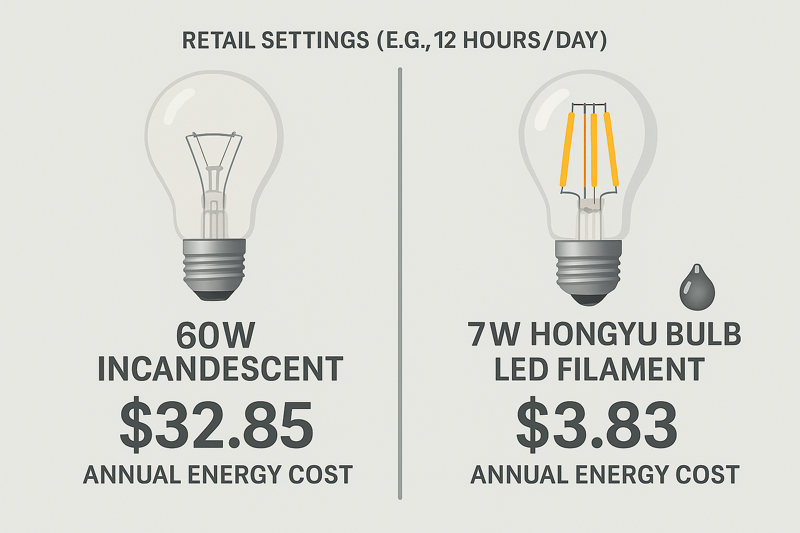 An infographic comparing the annual energy cost of running one 60W incandescent bulb vs. one 7W Hongyu Bulb LED filament bulb in a retail setting (e.g., 12 hours/day). The cost difference is stark.
