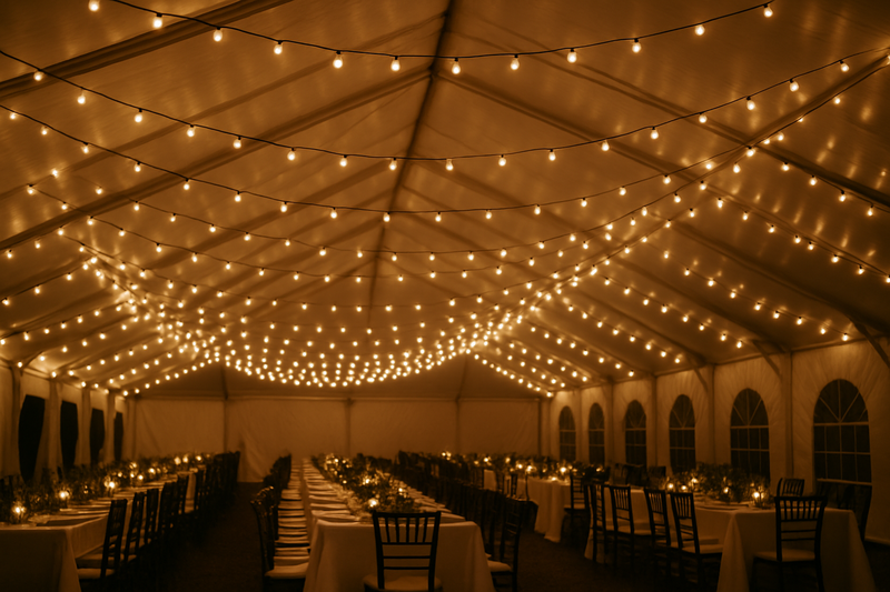 An image from inside a large white event tent at night. The ceiling is completely transformed by a dense, crisscrossing pattern of string lights with G45 globe filament bulbs, creating a starry sky effect.