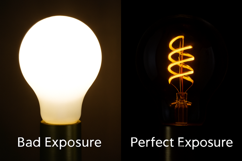 A split-screen comparison image. On the left, a "Bad Exposure" photo where the bulb is a glowing white ball with no detail. On the right, a "Perfect Exposure" photo where the spiral filament is clearly defined, golden, and distinct against a dark background