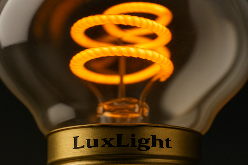 Close-up macro shot of a spiral flexible soft filament inside a clear glass bulb. The filament is glowing warmly. On the brass base of the bulb, a custom logo "LuxLight" is clearly laser-etched.