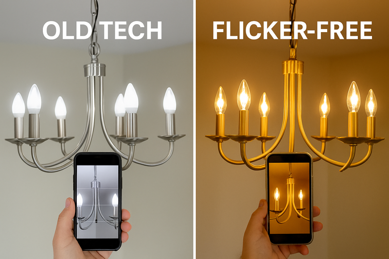 A split-screen comparison. Left: A standard LED chandelier labeled "Old Tech" showing harsh blue-white light and branding lines on a phone camera screen. Right: A Hongyu Filament chandelier labeled "Flicker-Free" showing warm, stable, golden light.