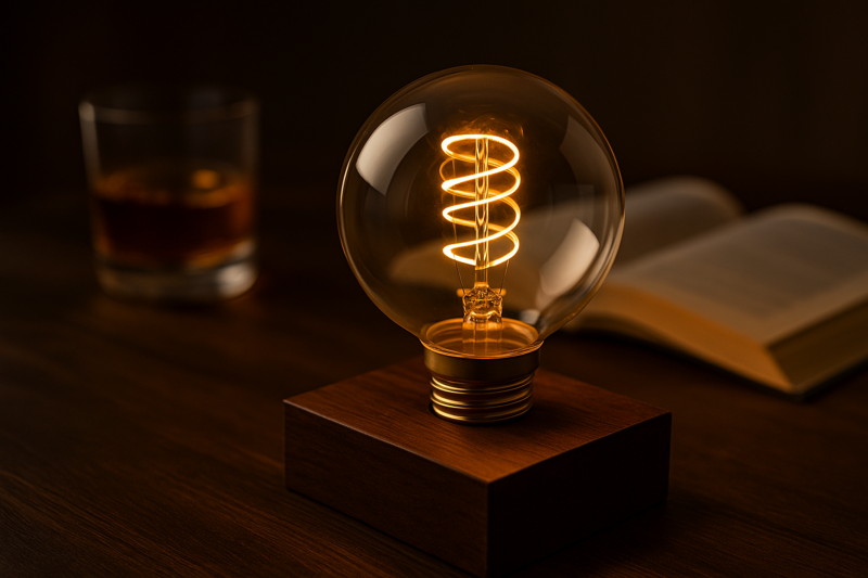 A beautifully styled lifestyle shot. A Hongyu G125 bulb sits on a dark walnut wooden block. In the background, out of focus, is a glass of whiskey and an open book. The light is warm and moody.