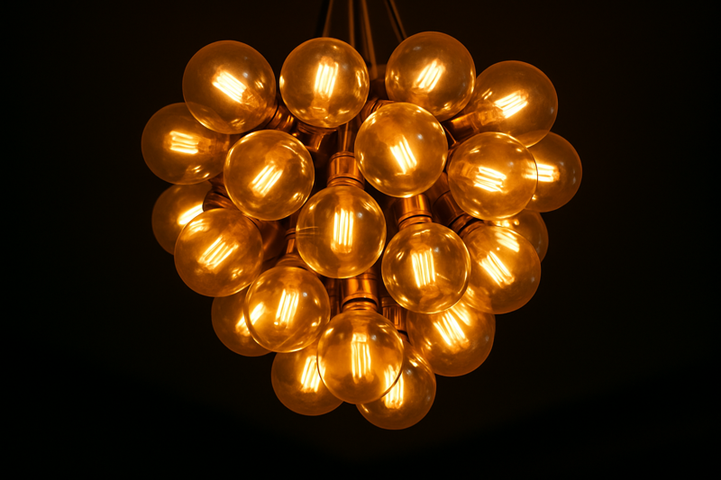 A low-angle view of a "Grape Cluster" light fixture. Dozens of amber-tinted bulbs are bundled tightly together with brass fittings, creating a solid mass of light.