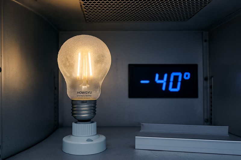 An image of a Hongyu Bulb inside a climate-controlled test chamber, covered in frost but glowing brightly. A digital thermometer display next to it clearly reads "-40°".