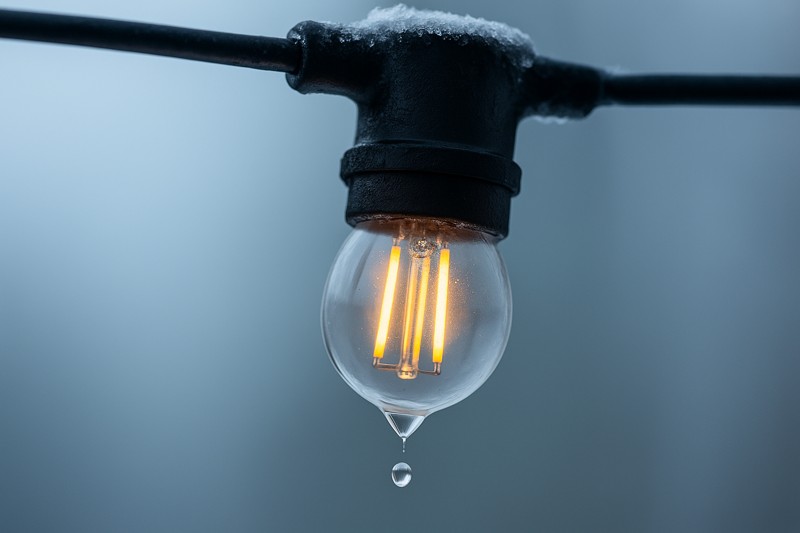 A close-up shot of a string light socket with a Hongyu Bulb screwed in. A water droplet is shown beading up and rolling off the tight seal between the bulb and the socket, demonstrating its water resistance. Ice is slightly formed on the fixture.