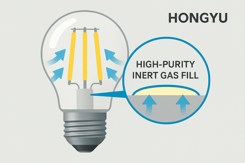 A diagram showing the inside of a Hongyu filament bulb, highlighting the high-purity inert gas fill that actively transfers heat from the filament to the glass shell.