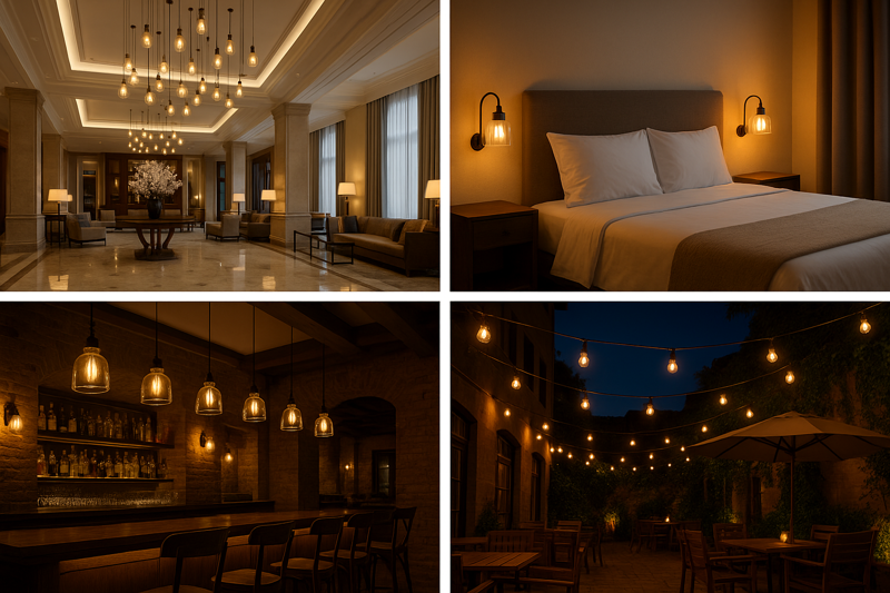 A collage of four images showing different hotel areas—a grand lobby, a cozy guest room, an intimate bar, and a charming outdoor patio—all beautifully lit with various styles of LED filament bulbs