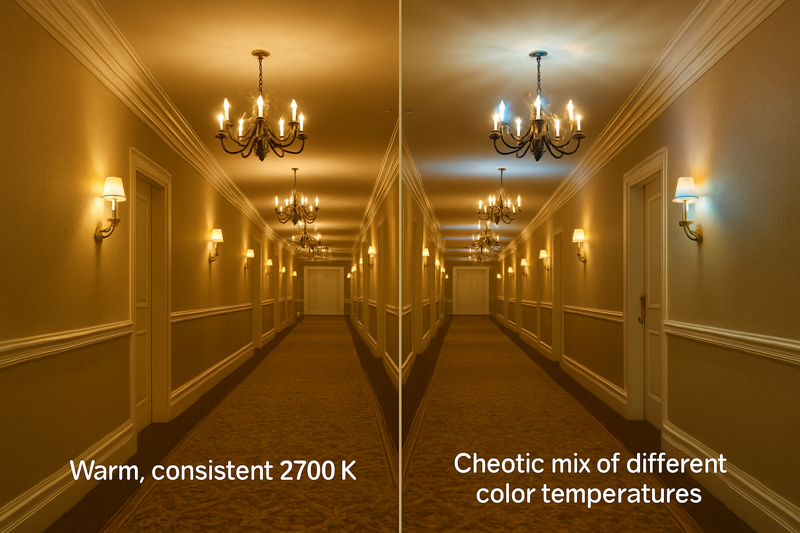 A long, elegant hotel hallway lit with a series of chandeliers. The bulbs on the left are a warm, consistent 2700K. The bulbs on the right are a chaotic mix of different color temperatures, looking jarring and unprofessional.
