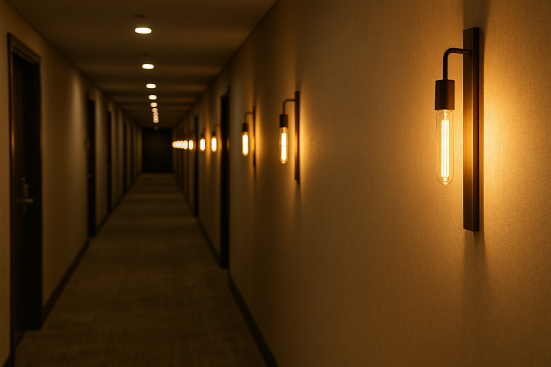 A long hotel corridor where a series of identical wall sconces, each with a T30 tubular filament bulb, are spaced evenly down the hall, creating a powerful sense of rhythm and perspective.