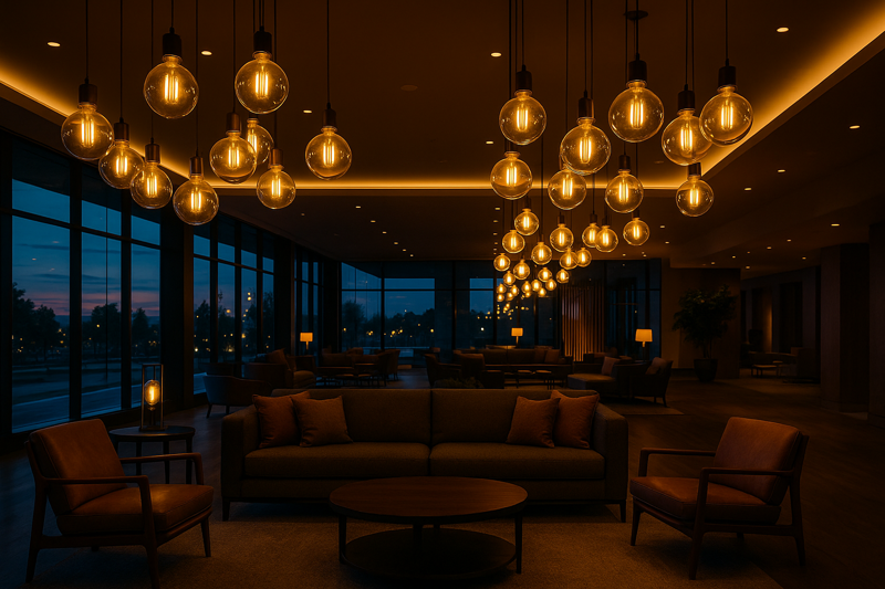 A stunning photo of a modern hotel lobby at dusk, where clusters of oversized decorative LED filament bulbs (like G125 globes) hang at various heights, creating warm, inviting pools of light over a luxurious seating area.