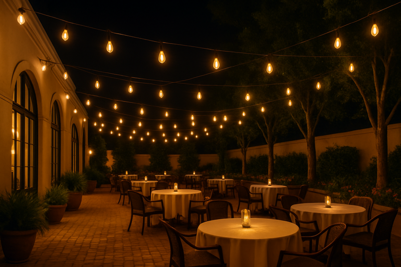 A beautiful hotel patio at night, transformed into a magical event space with strings of S14 LED filament bulbs Zig-zagging overhead, creating a festive and inviting atmosphere.
