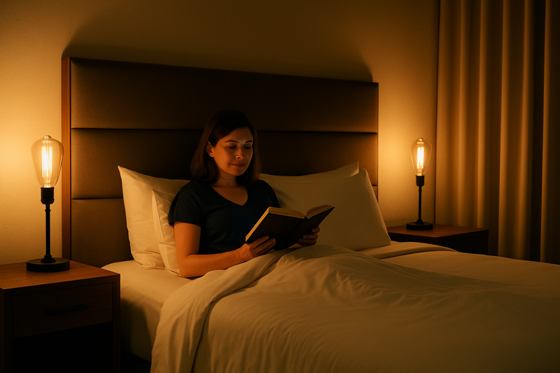 A beautifully appointed hotel room at night. A guest is relaxing in bed, having dimmed the stylish ST64 LED filament bulbs on the bedside tables to a very low, warm glow for reading.