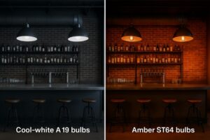 A side-by-side comparison. Left: An industrial-style bar with harsh, cool-white A19 bulbs, feeling sterile and stark. Right: The same bar lit with warm, amber-tinted ST64 Edison bulbs, creating a cozy, inviting, and authentically stylish atmosphere