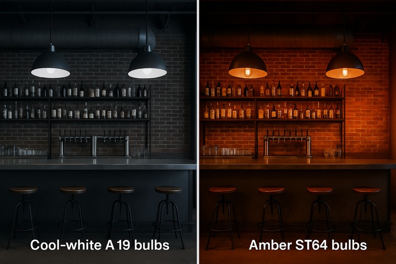 A side-by-side comparison. Left: An industrial-style bar with harsh, cool-white A19 bulbs, feeling sterile and stark. Right: The same bar lit with warm, amber-tinted ST64 Edison bulbs, creating a cozy, inviting, and authentically stylish atmosphere