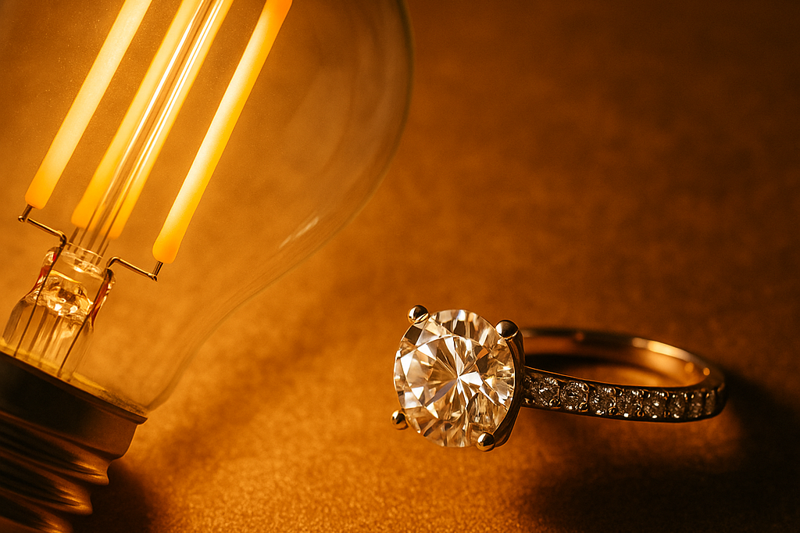 A close-up shot of a piece of jewelry sparkling under the warm, crisp light of a high-CRI LED filament bulb. The facets are sharp and the colors are brilliant.