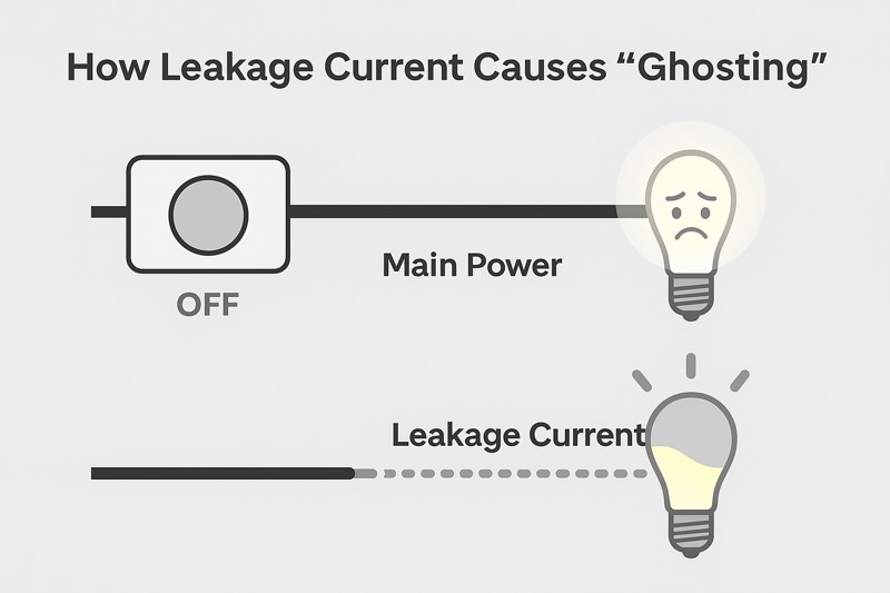 A simple diagram showing a motion sensor in the "off" state. A thick line labeled "Main Power" is blocked, but a thin, trickling line labeled "Leakage Current" is getting through to a confused and dimly glowing LED bulb